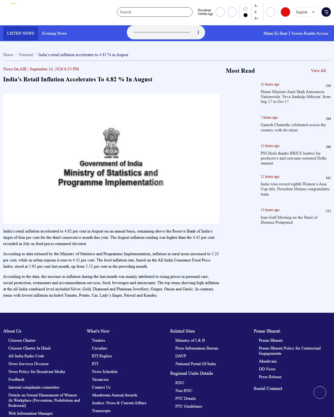 newsonair.gov.in as published: India’s retail inflation accelerates to 4.82 % in August