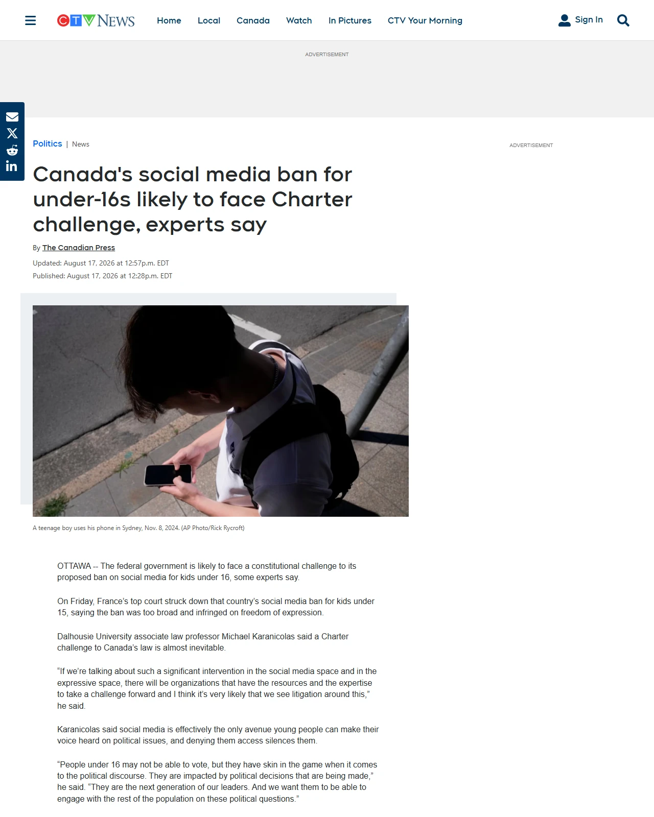 ctvnews.ca as published: Canada's social media ban for under-16s likely to face Charter challenge, experts say