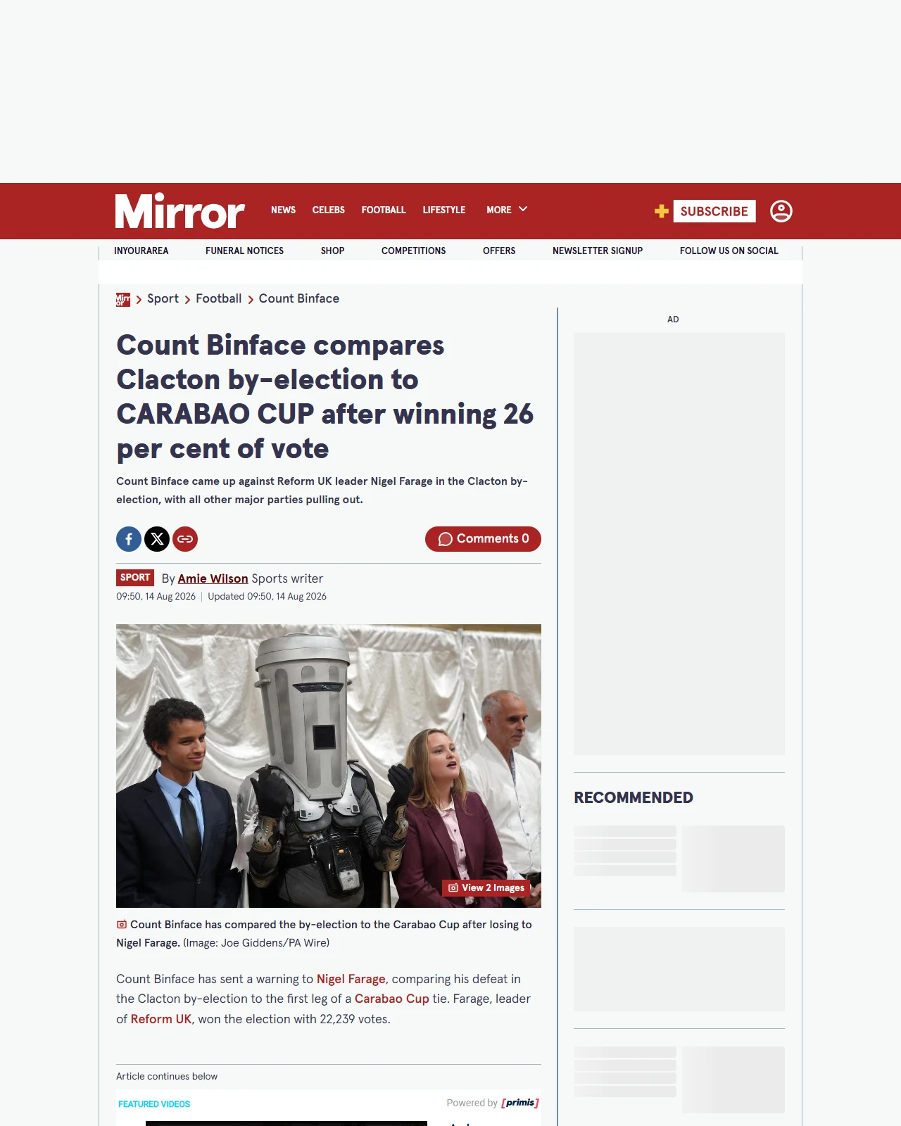 mirror.co.uk as published: Count Binface compares Clacton by-election to CARABAO CUP after winning 26 per cent of vote