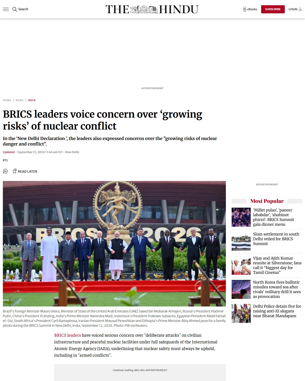 thehindu.com as published: BRICS leaders voice concern over ‘growing risks’ of nuclear conflict