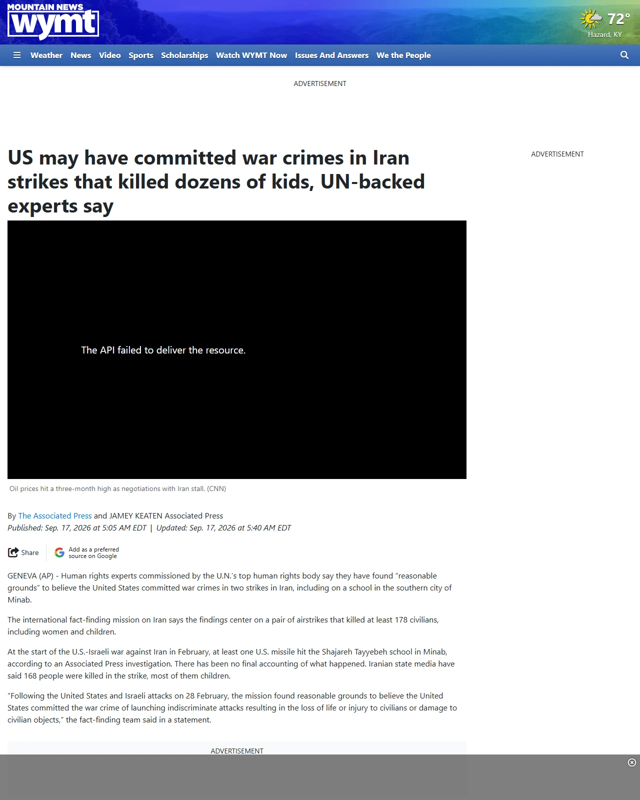 wymt.com as published: US may have committed war crimes in Iran strikes that killed dozens of kids, UN-backed experts say