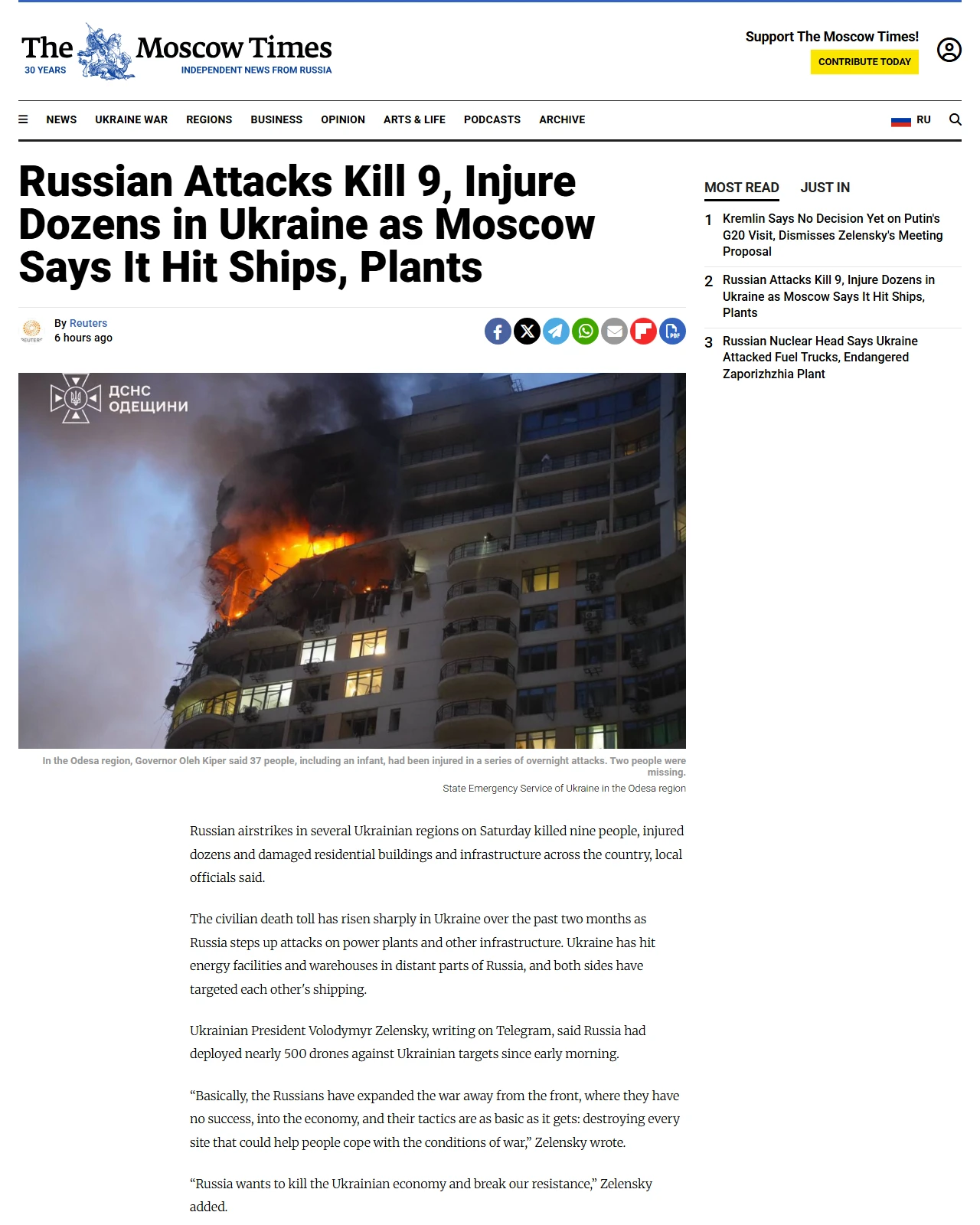 themoscowtimes.com as published: Russian Attacks Kill 9, Injure Dozens in Ukraine as Moscow Says It Hit Ships, Plants