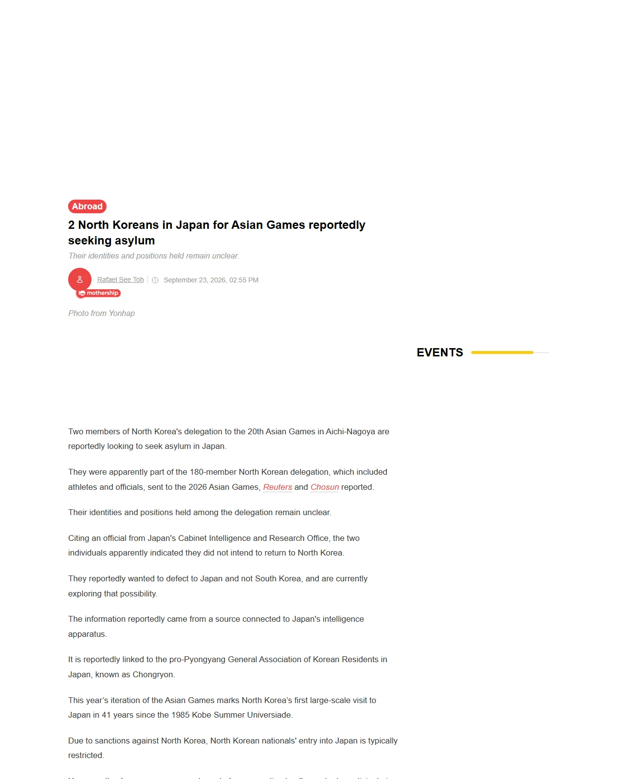 mothership.sg as published: 2 North Koreans in Japan for Asian Games reportedly seeking asylum