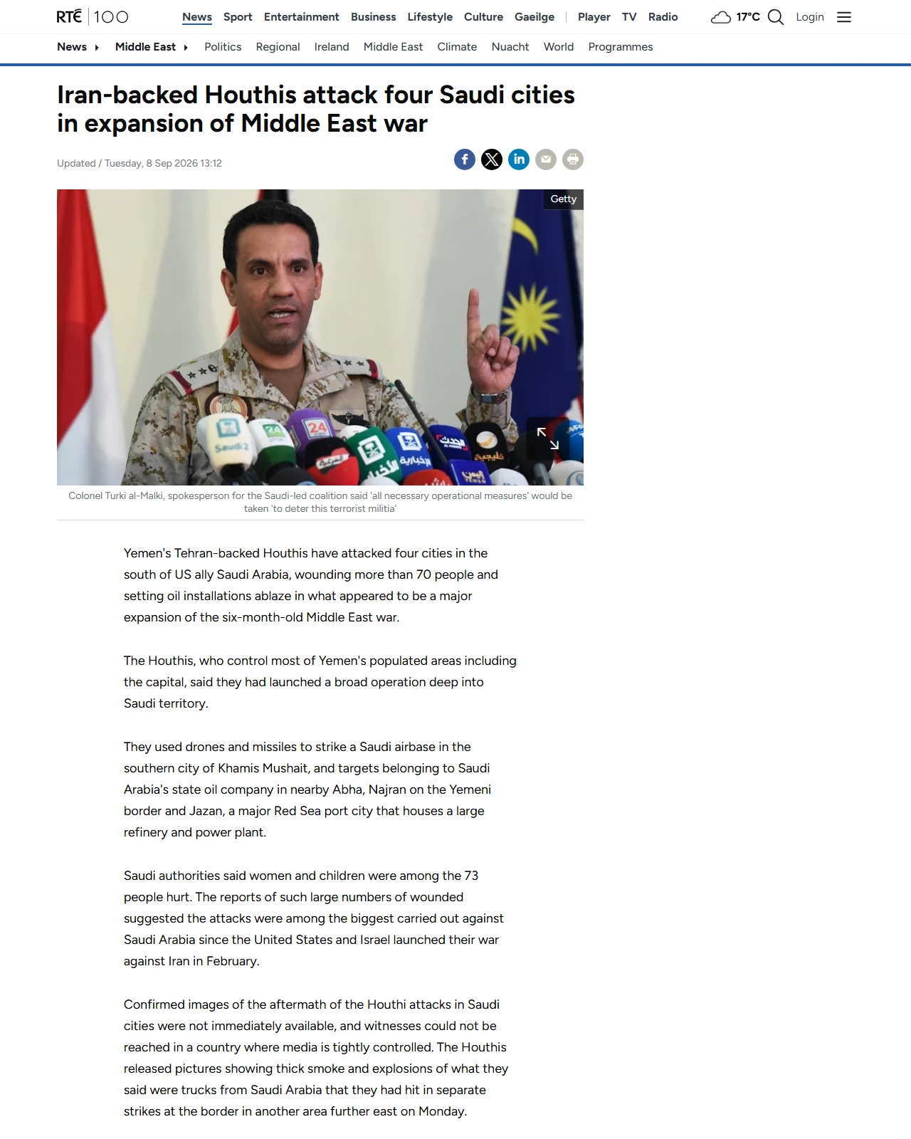 rte.ie as published: Iran-backed Houthis attack Saudi cities, over 70 injured