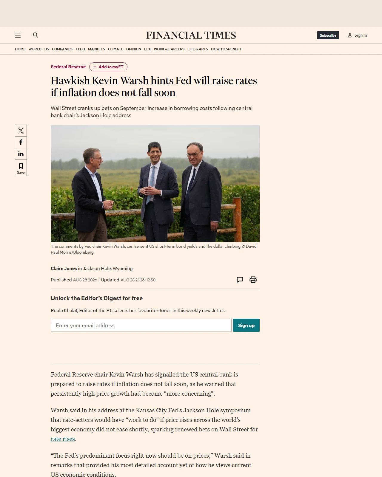 ft.com as published: Hawkish Kevin Warsh hints Fed will raise rates if inflation does not fall soon