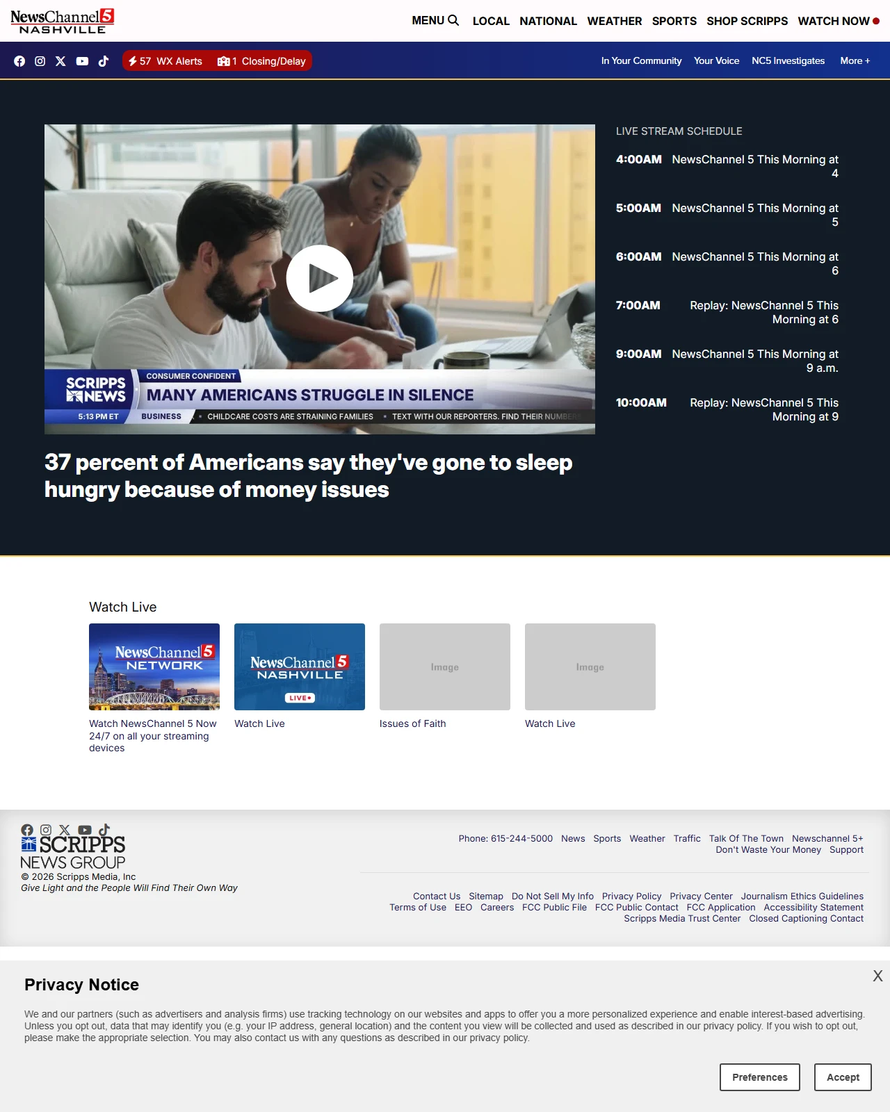 newschannel5.com as published: 37 percent of Americans say they've gone to sleep hungry because of money issues