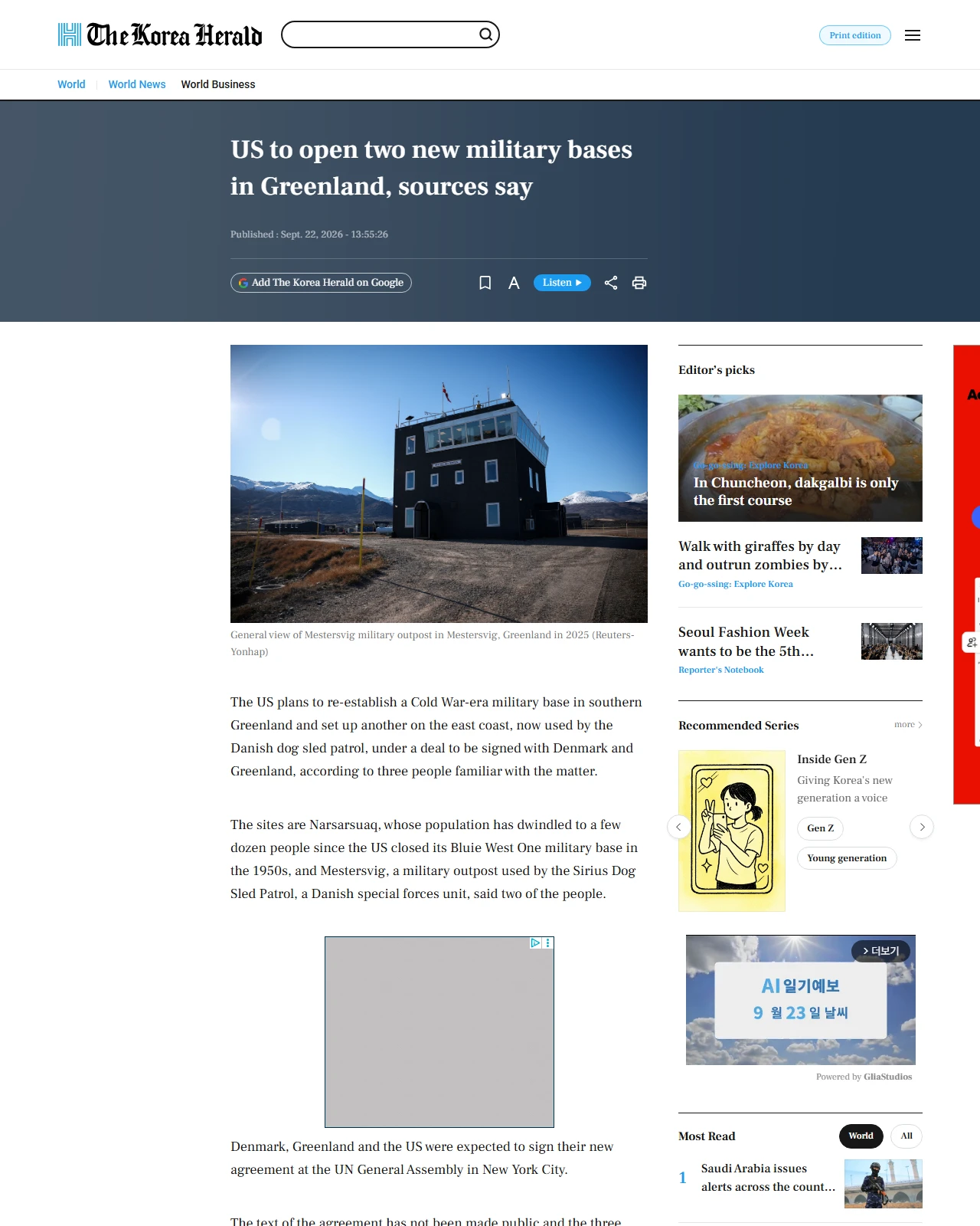 koreaherald.com as published: US to open two new military bases in Greenland, sources say