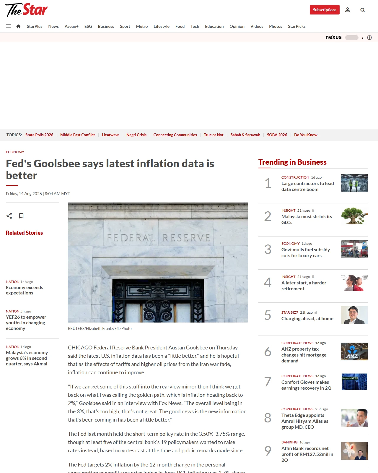thestar.com.my as published: Fed's Goolsbee says latest inflation data is better