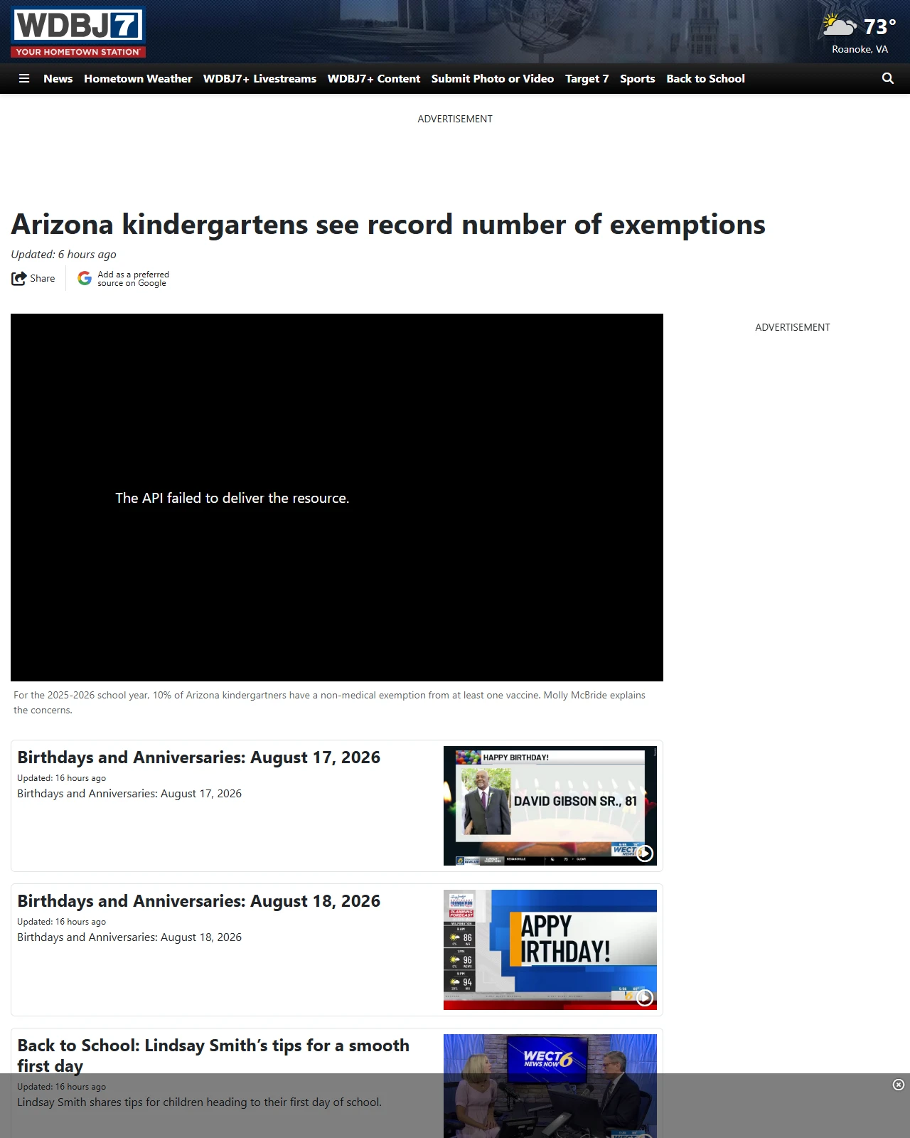 wdbj7.com as published: Arizona kindergartens see record number of exemptions