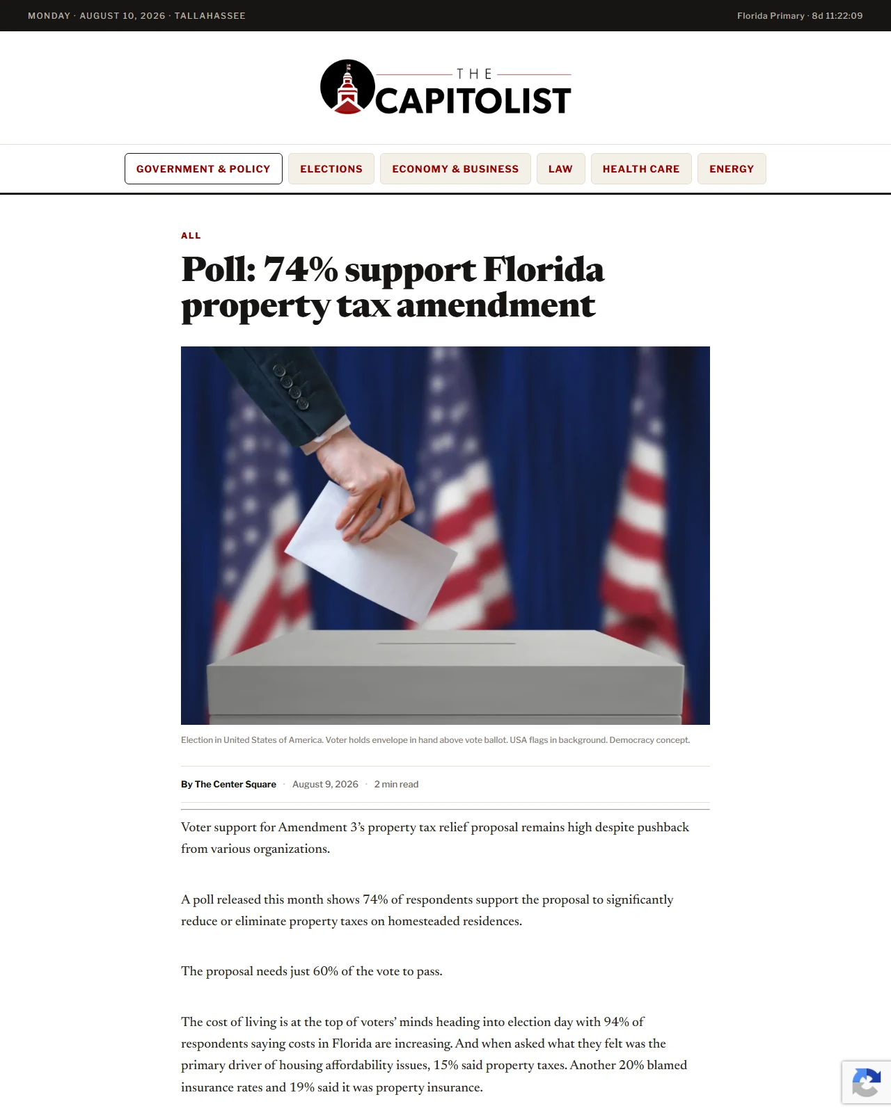 thecapitolist.com as published: Poll: 74% support Florida property tax amendment