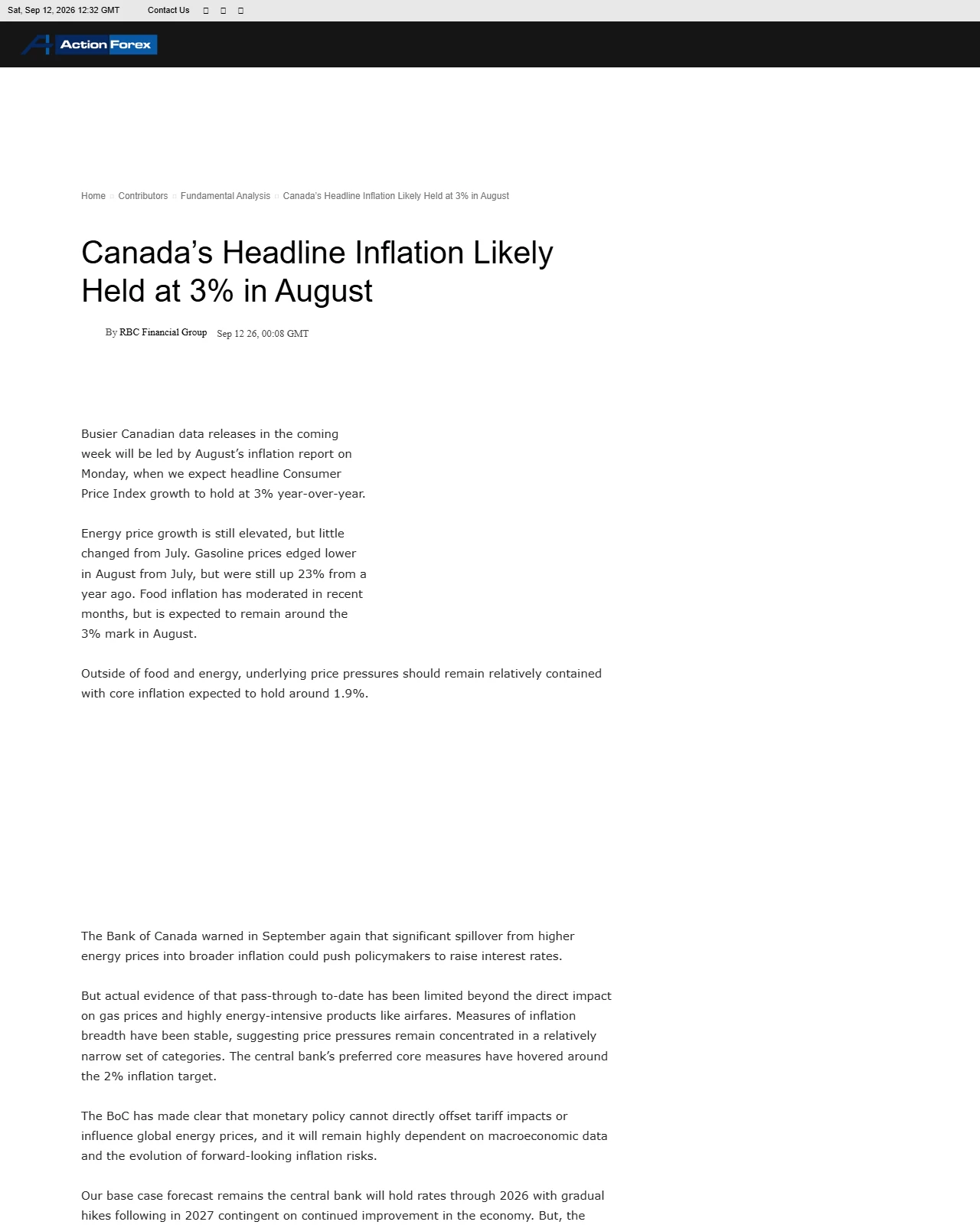 actionforex.com as published: Canada’s Headline Inflation Likely Held at 3% in August