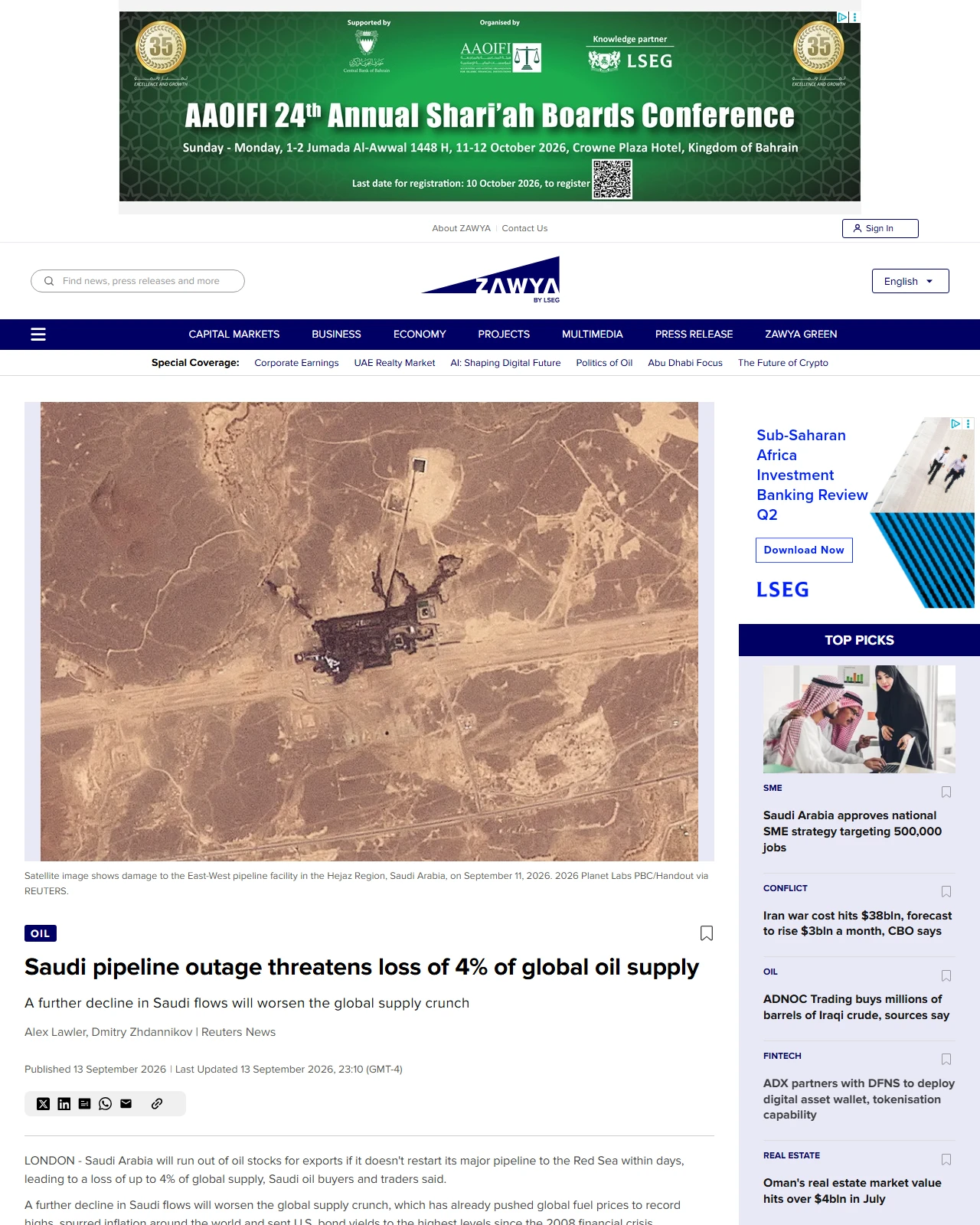 zawya.com as published: Saudi pipeline outage threatens loss of 4% of global oil supply