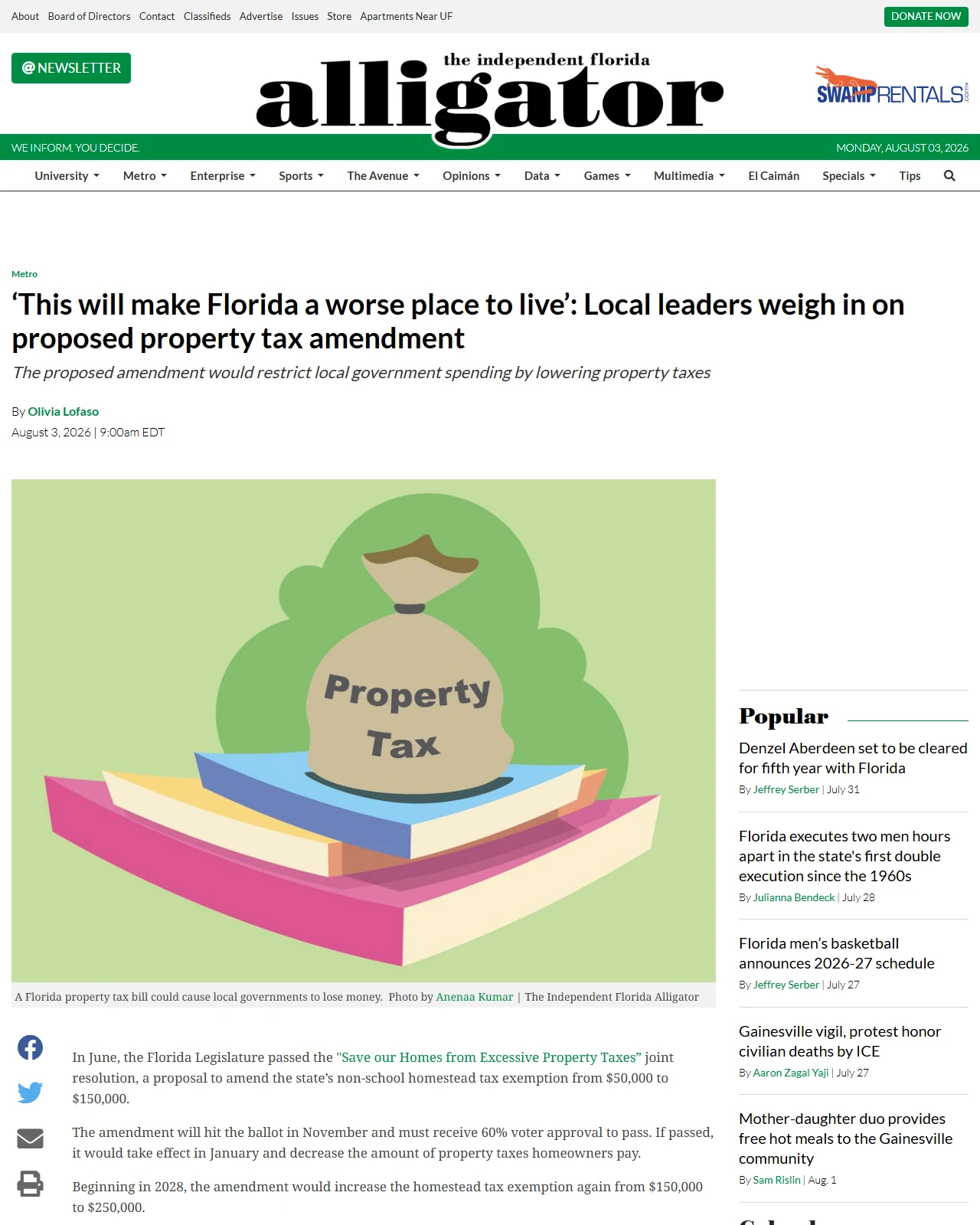 alligator.org as published: ‘This will make Florida a worse place to live’: Local leaders weigh in on proposed property tax amendment