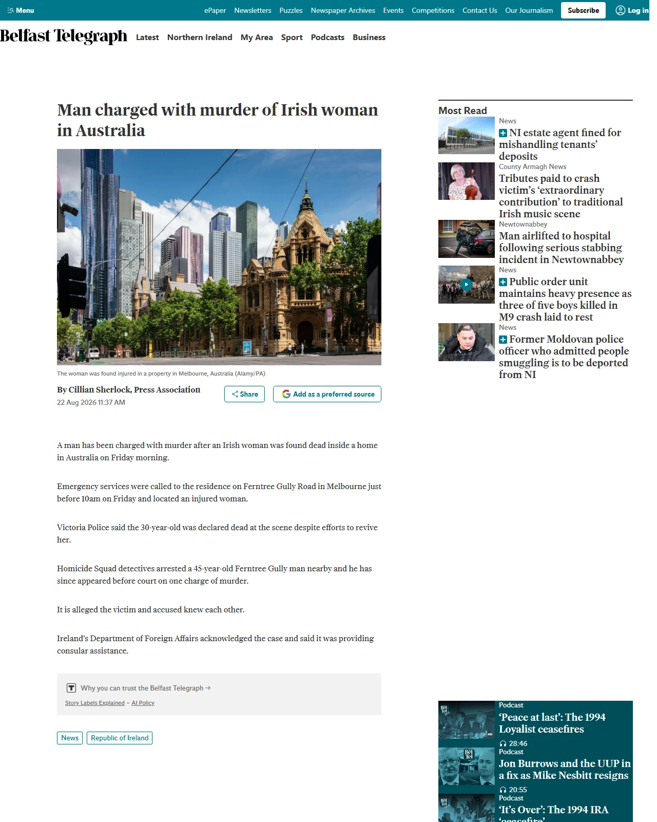 belfasttelegraph.co.uk as published: Man charged with murder of Irish woman in Australia