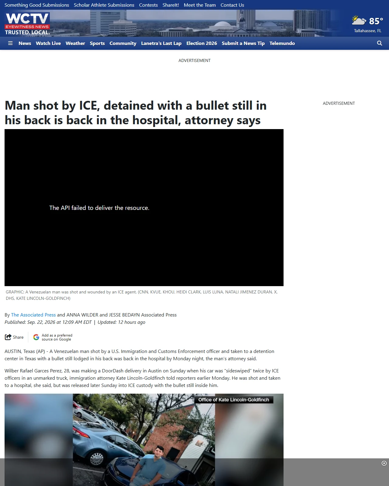 wctv.tv as published: Man shot by ICE, detained with a bullet still in his back is back in the hospital, attorney says