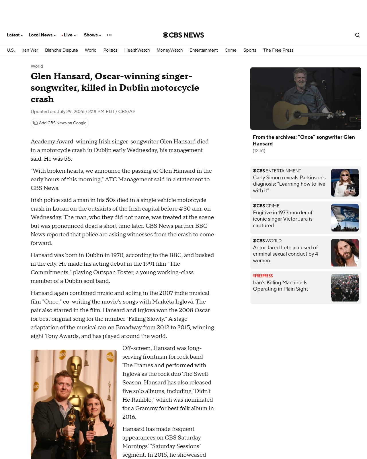 cbsnews.com as published: Singer-songwriter Glen Hansard killed in motorcycle crash