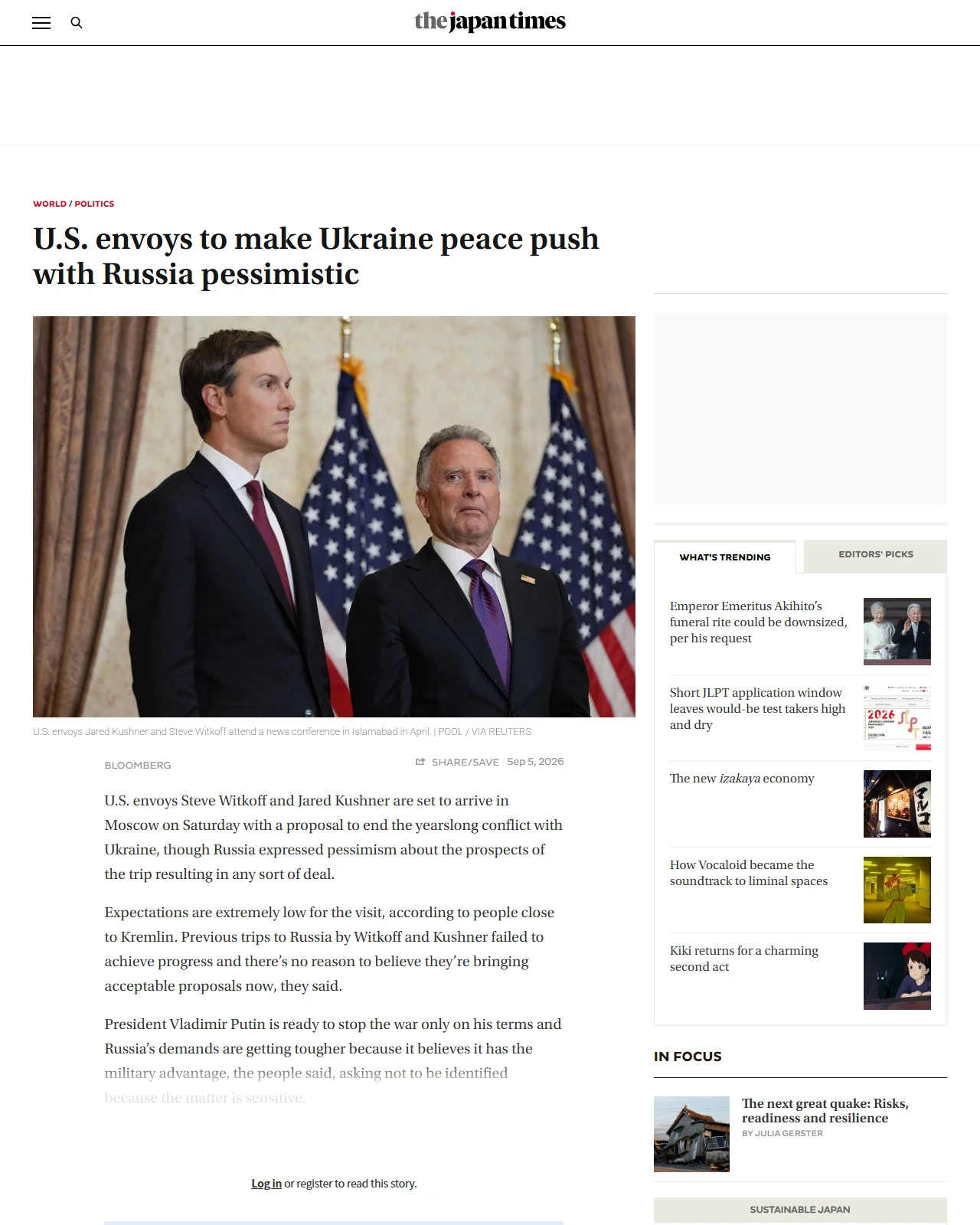 japantimes.co.jp as published: U.S. envoys to make Ukraine peace push with Russia pessimistic