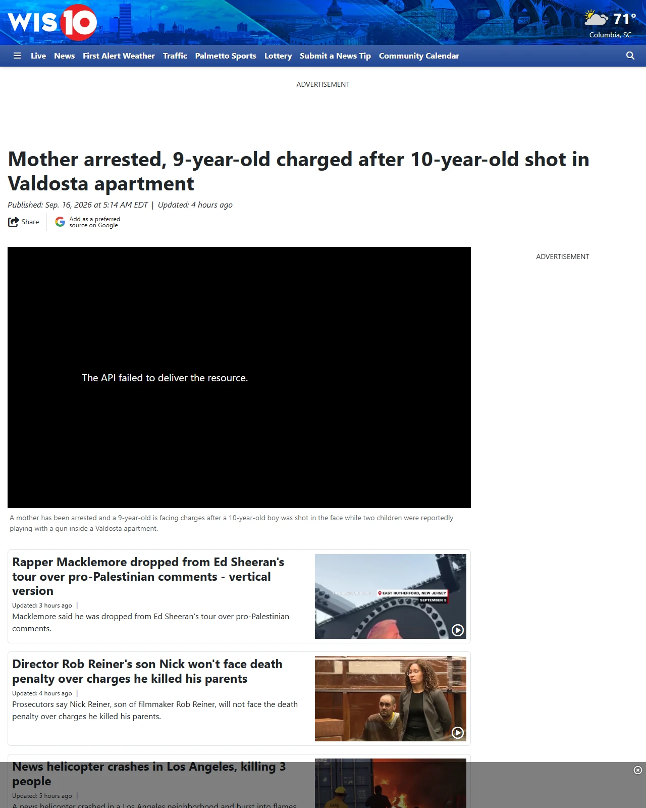 wistv.com as published: Mother arrested, 9-year-old charged after 10-year-old shot in Valdosta apartment