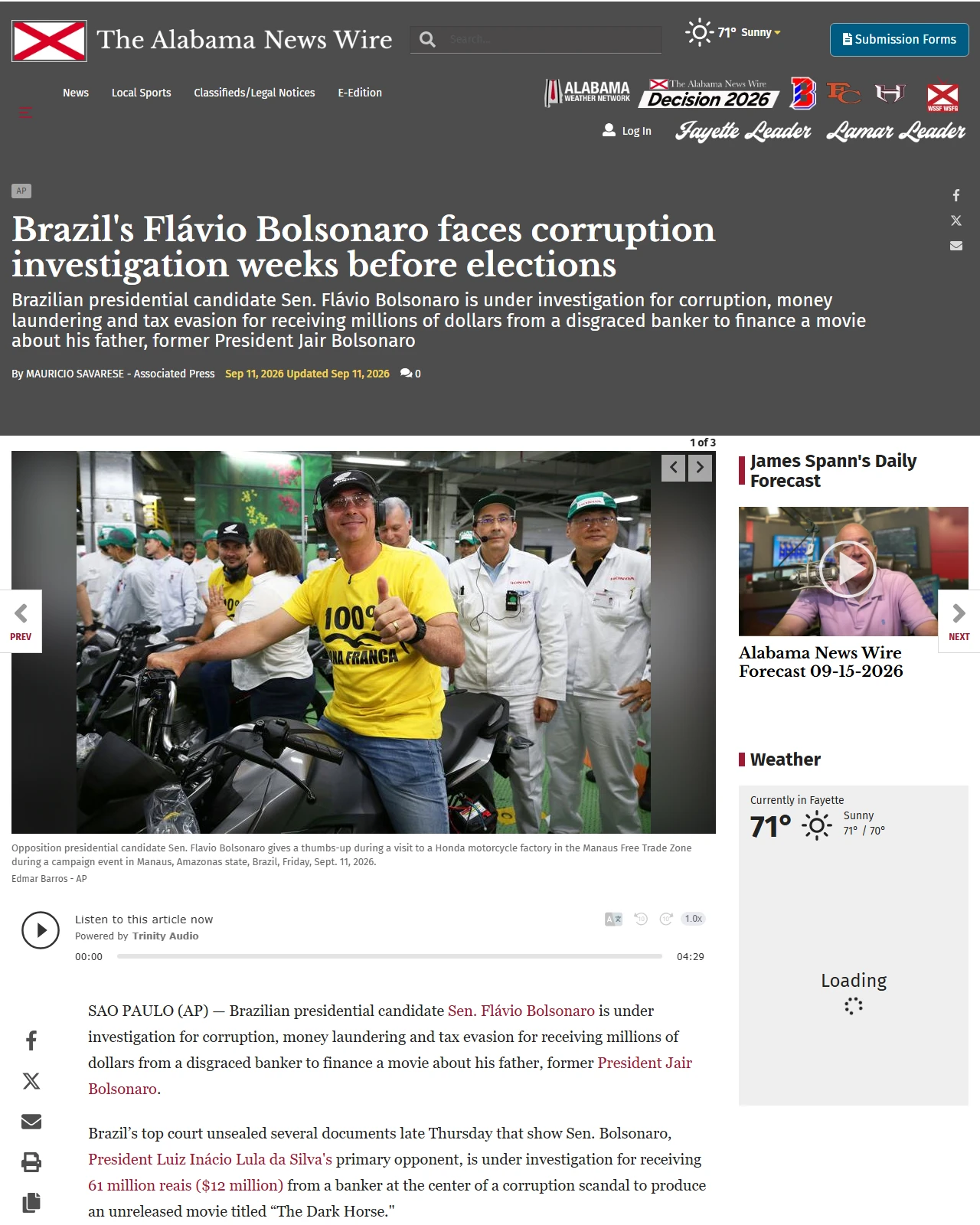 thealabamanewswire.com as published: Brazil's Flávio Bolsonaro investigated over payments from disgraced banker