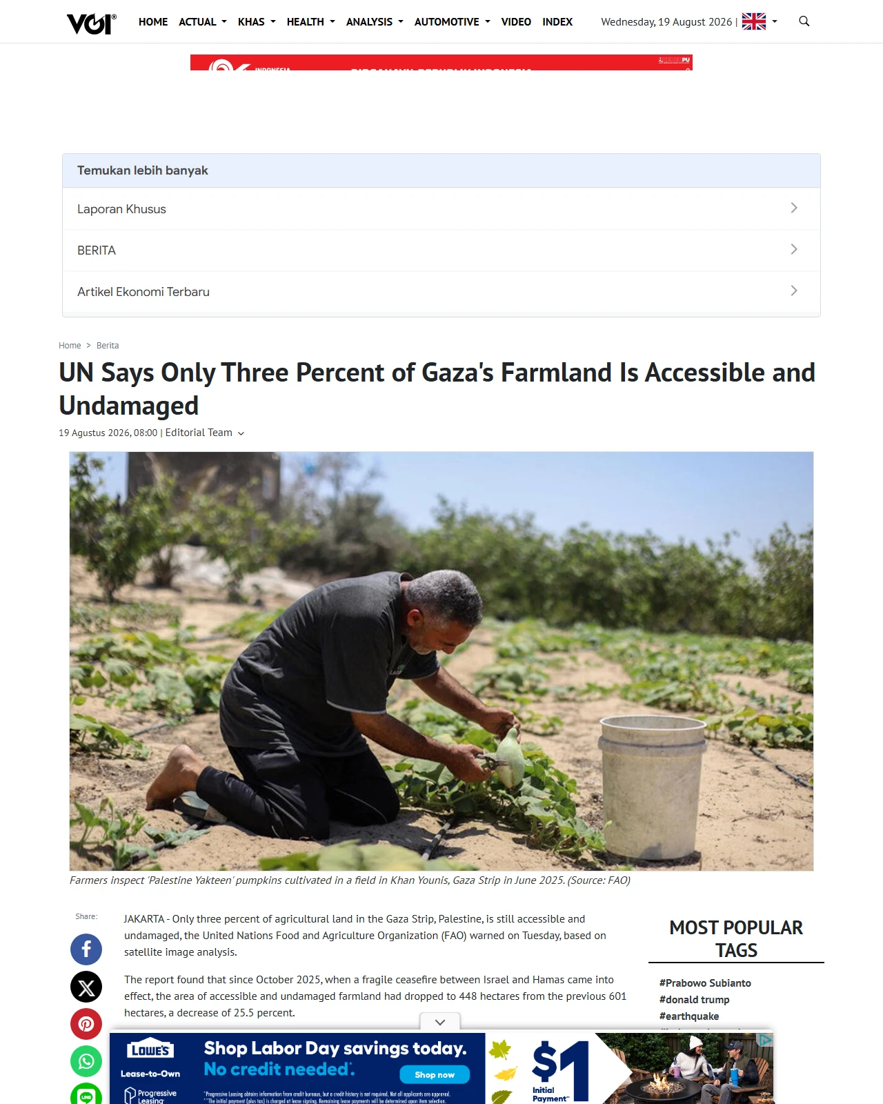 voi.id as published: UN Says Only Three Percent of Gaza's Farmland Is Accessible and Undamaged