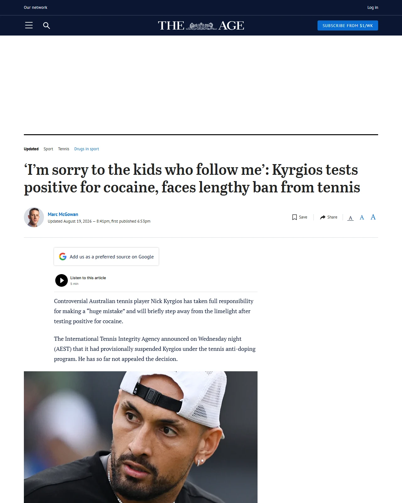 theage.com.au as published: ‘I’m sorry to the kids who follow me’: Kyrgios tests positive for cocaine, faces lengthy ban from tennis
