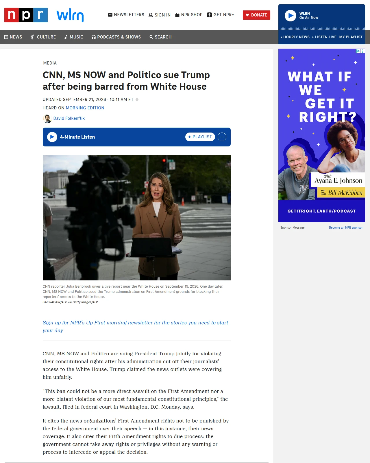 npr.org as published: CNN, MS NOW and Politico will sue Trump after being barred from White House