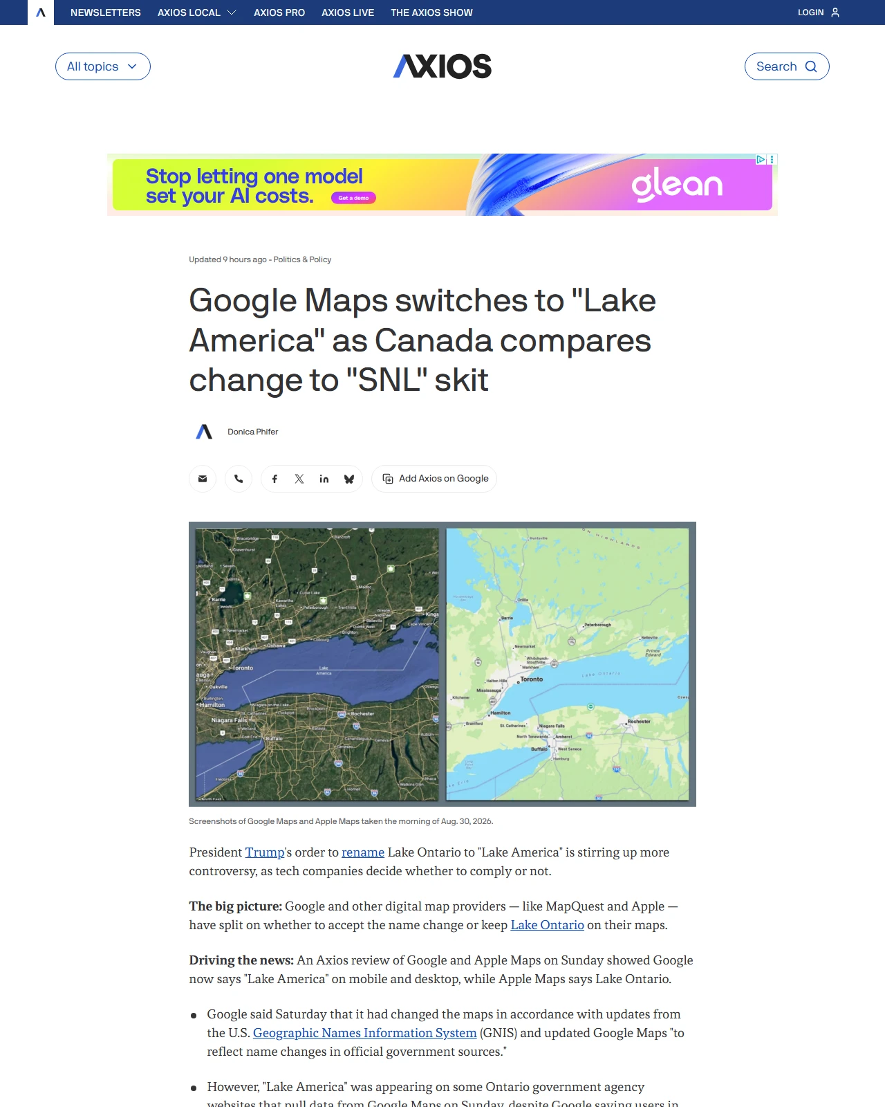 axios.com as published: Google Maps switches to "Lake America" as Canada compares change to "SNL" skit