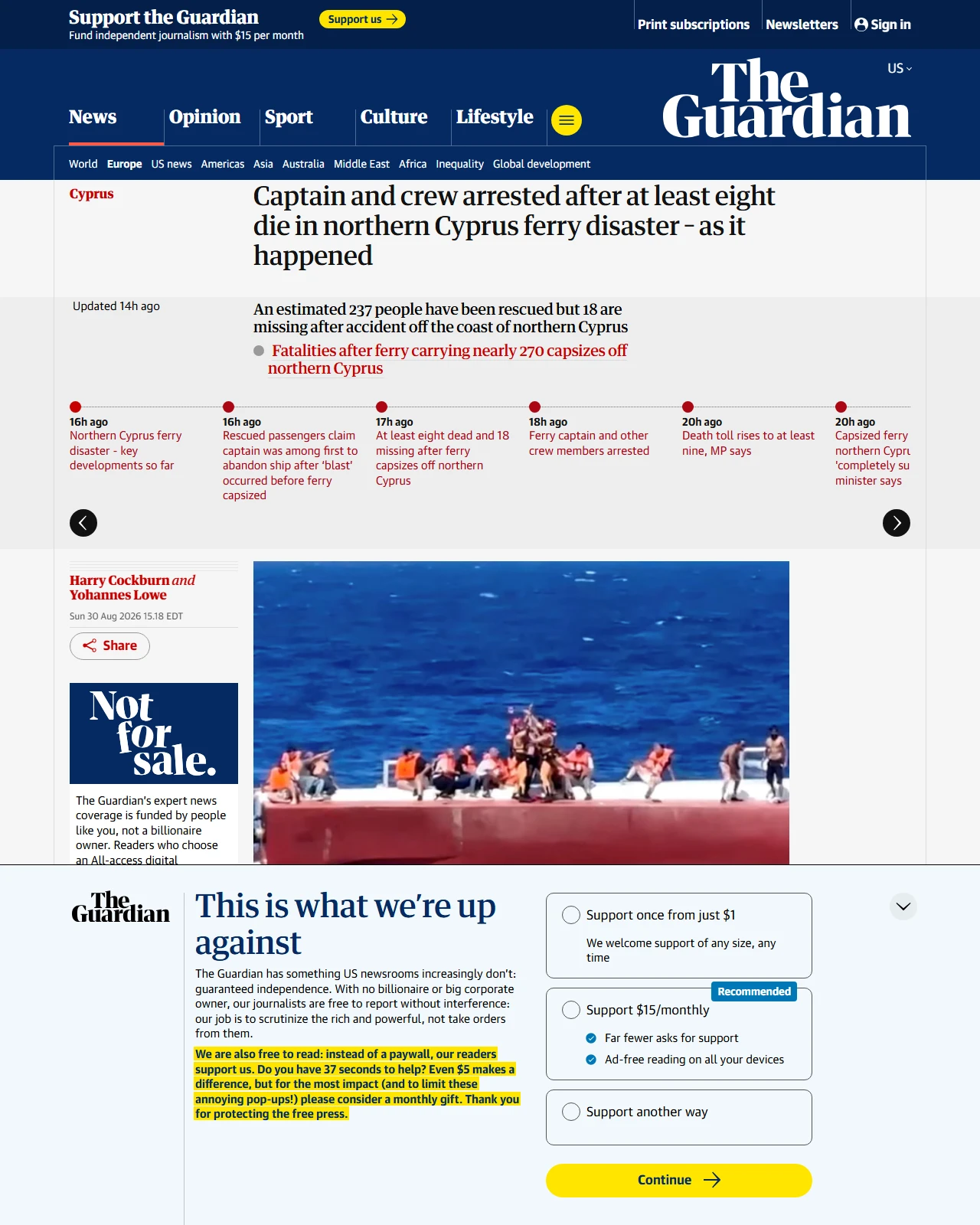 theguardian.com as published: Captain and crew arrested after at least eight die in northern Cyprus ferry disaster – as it happened