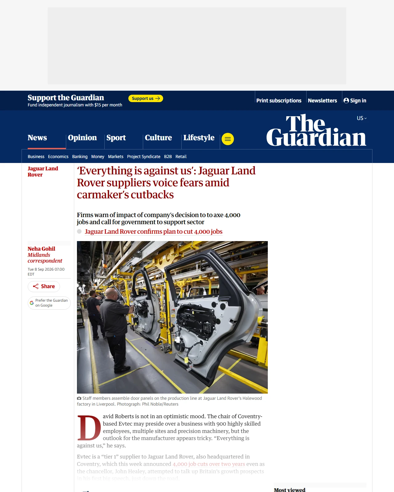 theguardian.com as published: ‘Everything is against us’: Jaguar Land Rover suppliers voice fears amid carmaker’s cutbacks