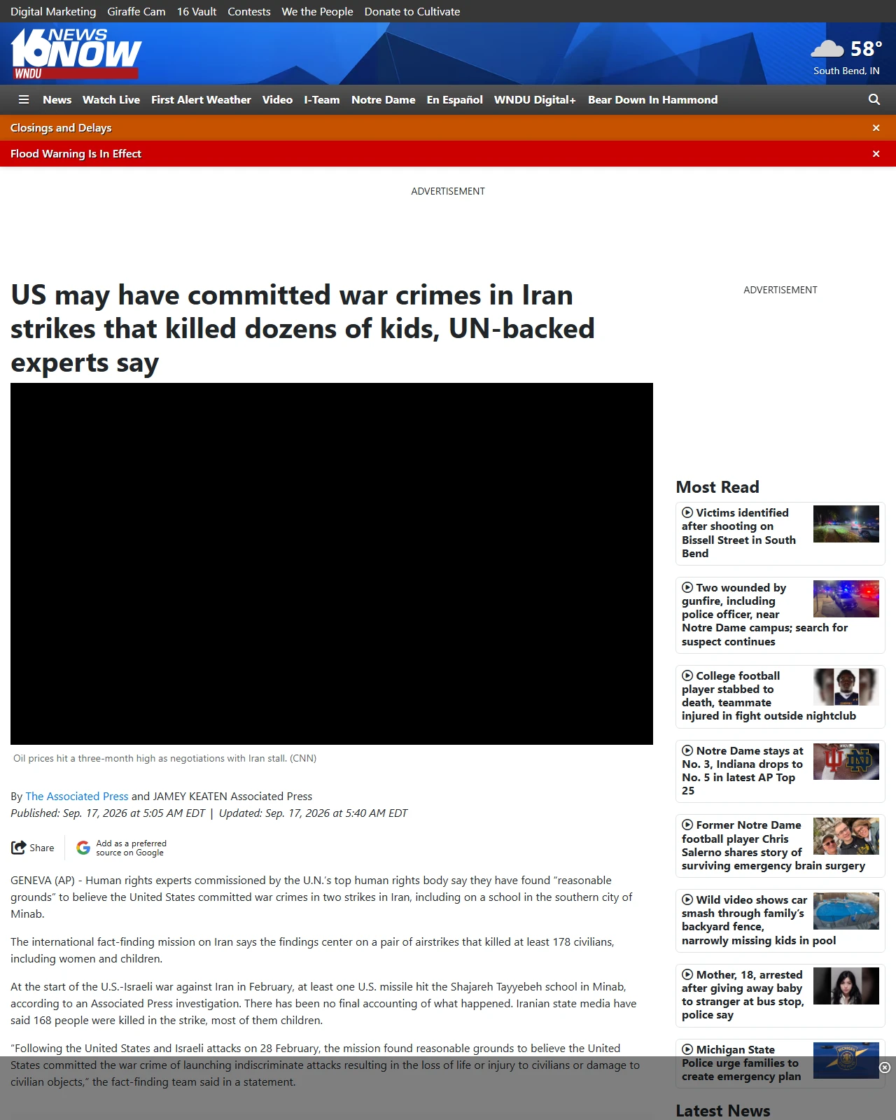 wndu.com as published: US may have committed war crimes in Iran strikes that killed dozens of kids, UN-backed experts say