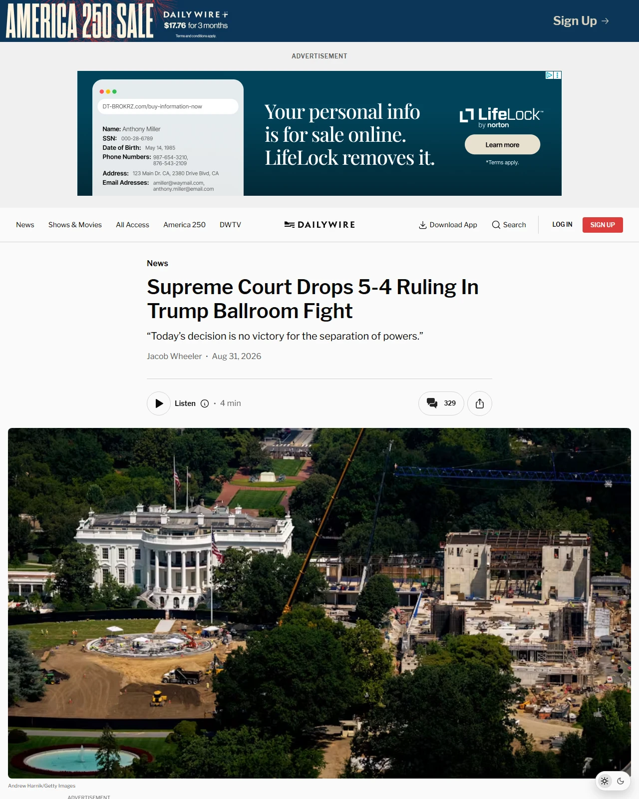 dailywire.com as published: Supreme Court Drops 5-4 Ruling In Trump Ballroom Fight