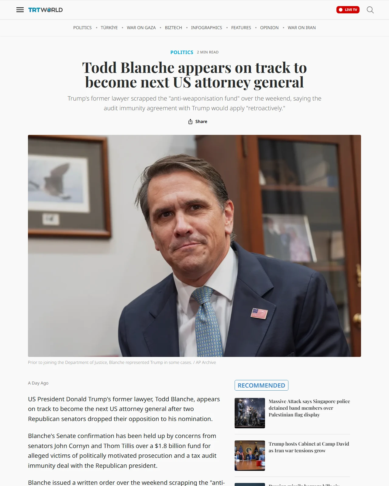 trtworld.com as published: Todd Blanche appears on track to become next US attorney general