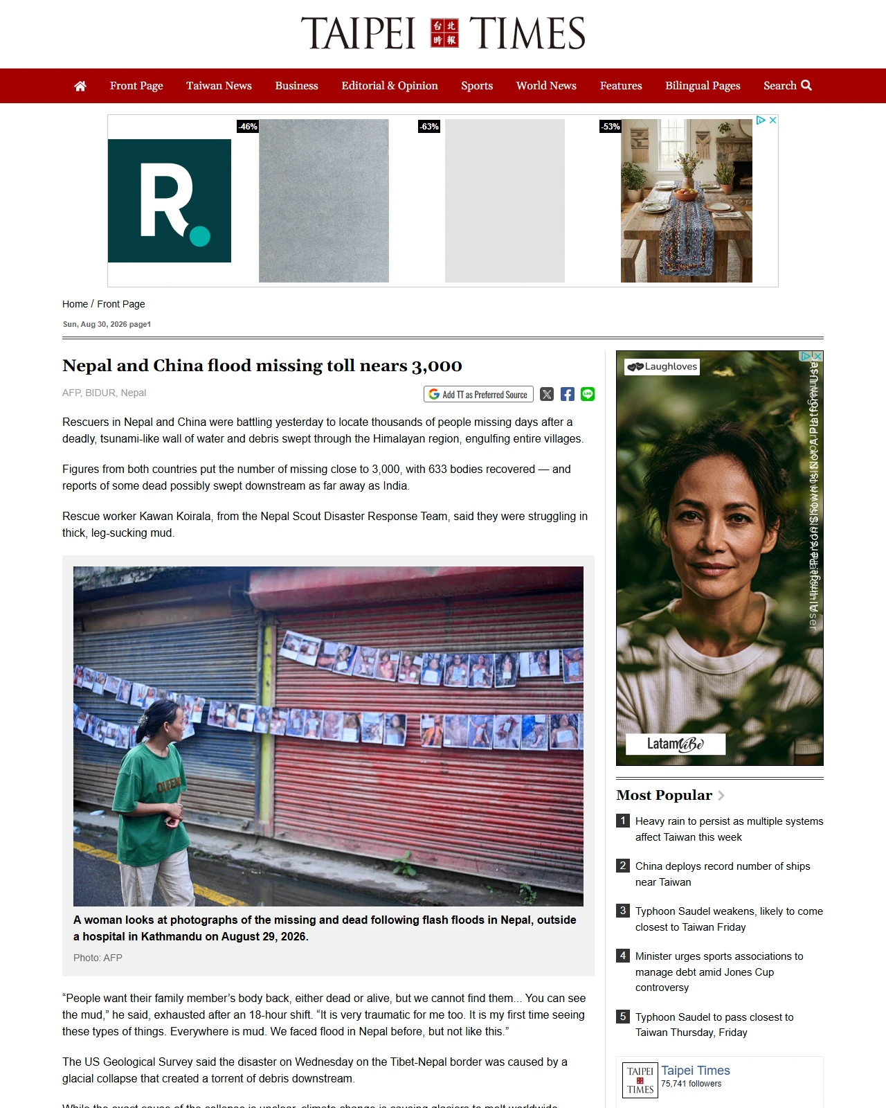 taipeitimes.com as published: Nepal and China flood missing toll nears 3,000