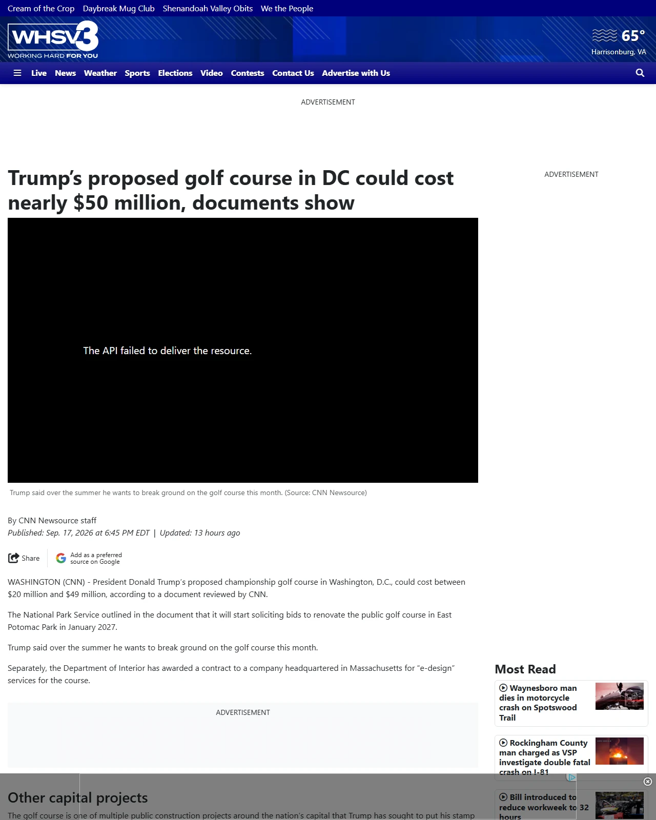 whsv.com as published: Trump’s proposed golf course in DC could cost nearly $50 million, documents show
