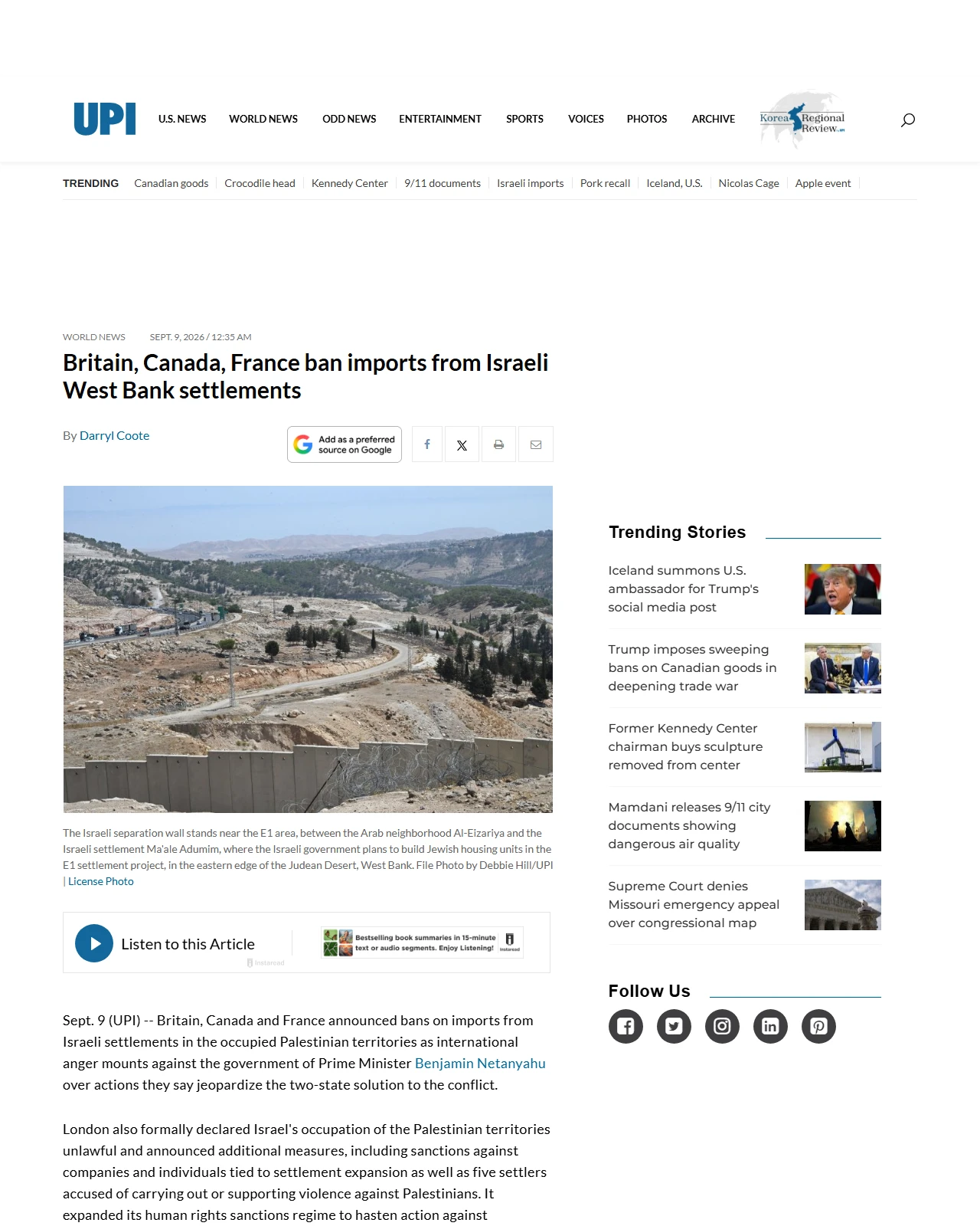 upi.com as published: Britain, Canada, France ban imports from Israeli West Bank settlements