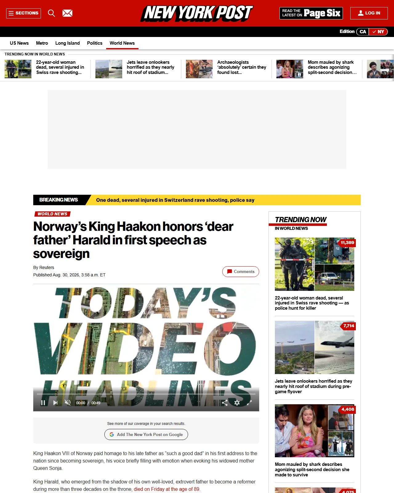 nypost.com as published: Norway’s King Haakon honors ‘dear father’ Harald in first speech as sovereign