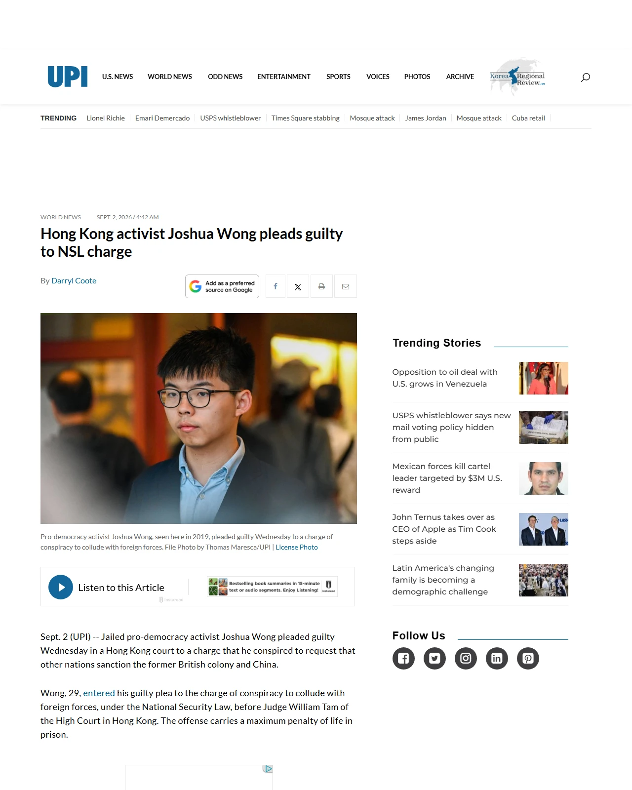 upi.com as published: Hong Kong activist Joshua Wong pleads guilty to NSL charge