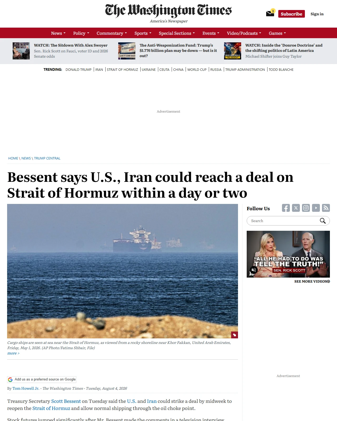 washingtontimes.com as published: Bessent says U.S., Iran could reach a deal on Strait of Hormuz within a day or two