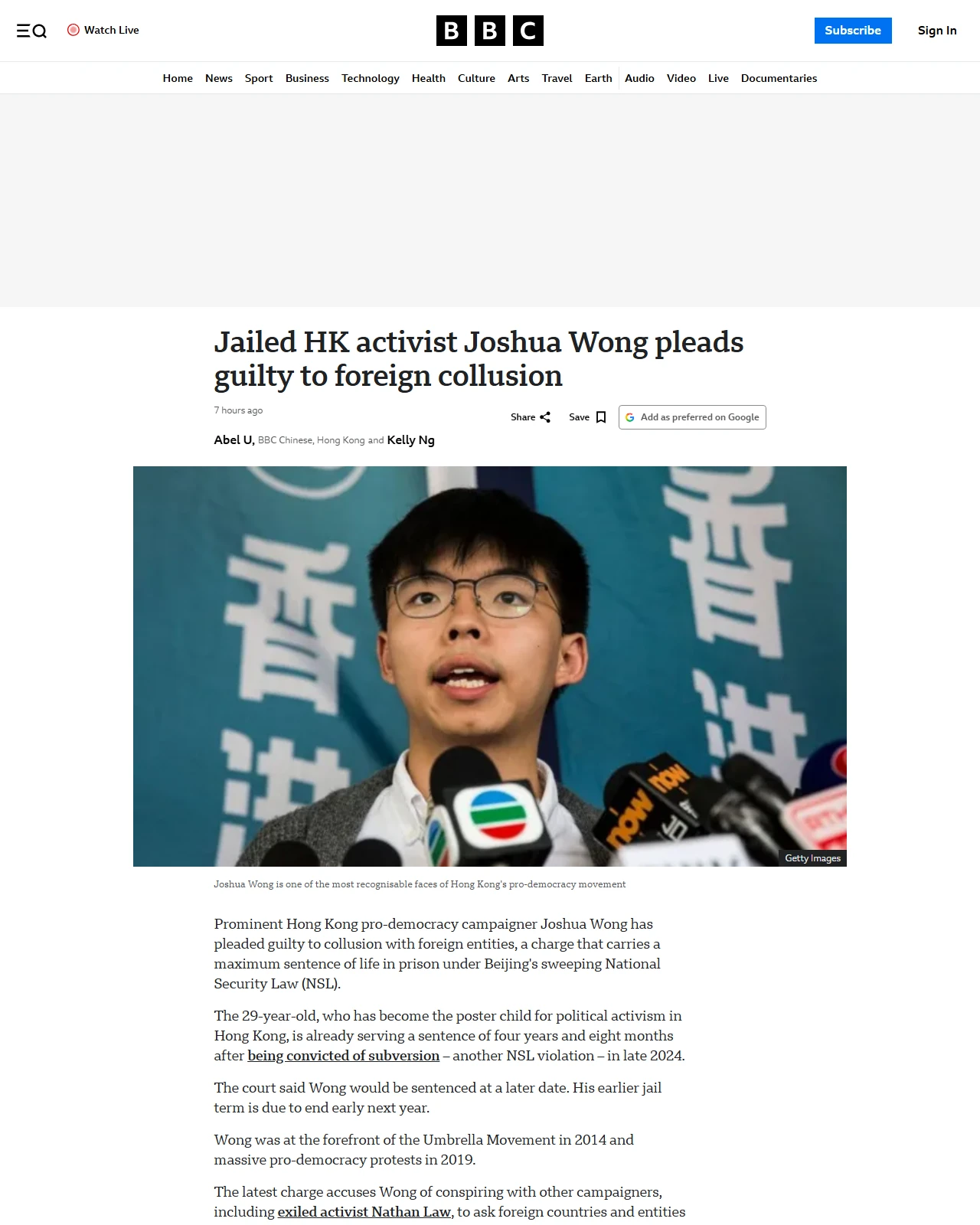 bbc.co.uk as published: Hong Kong: Jailed activist Joshua Wong pleads guilty to foreign collusion under National Security Law