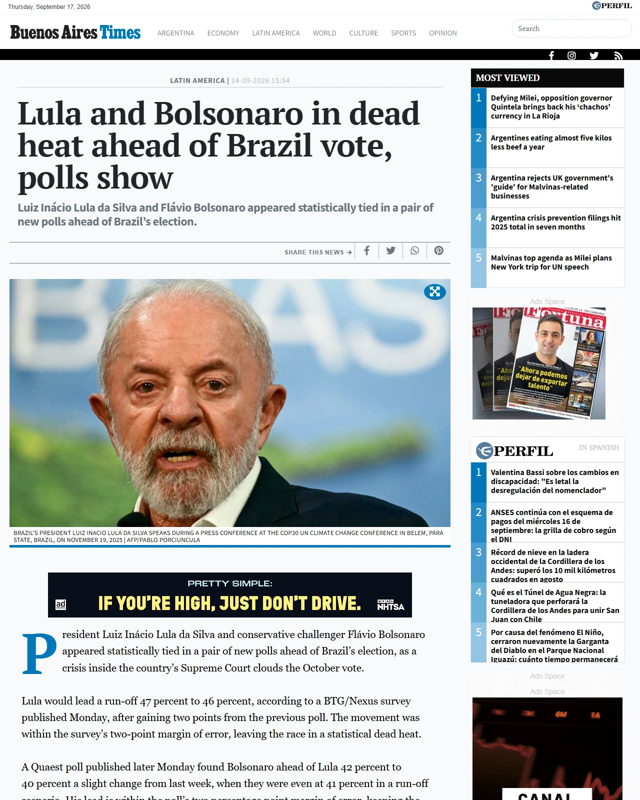 batimes.com.ar as published: Lula and Bolsonaro in dead heat ahead of Brazil vote, polls show