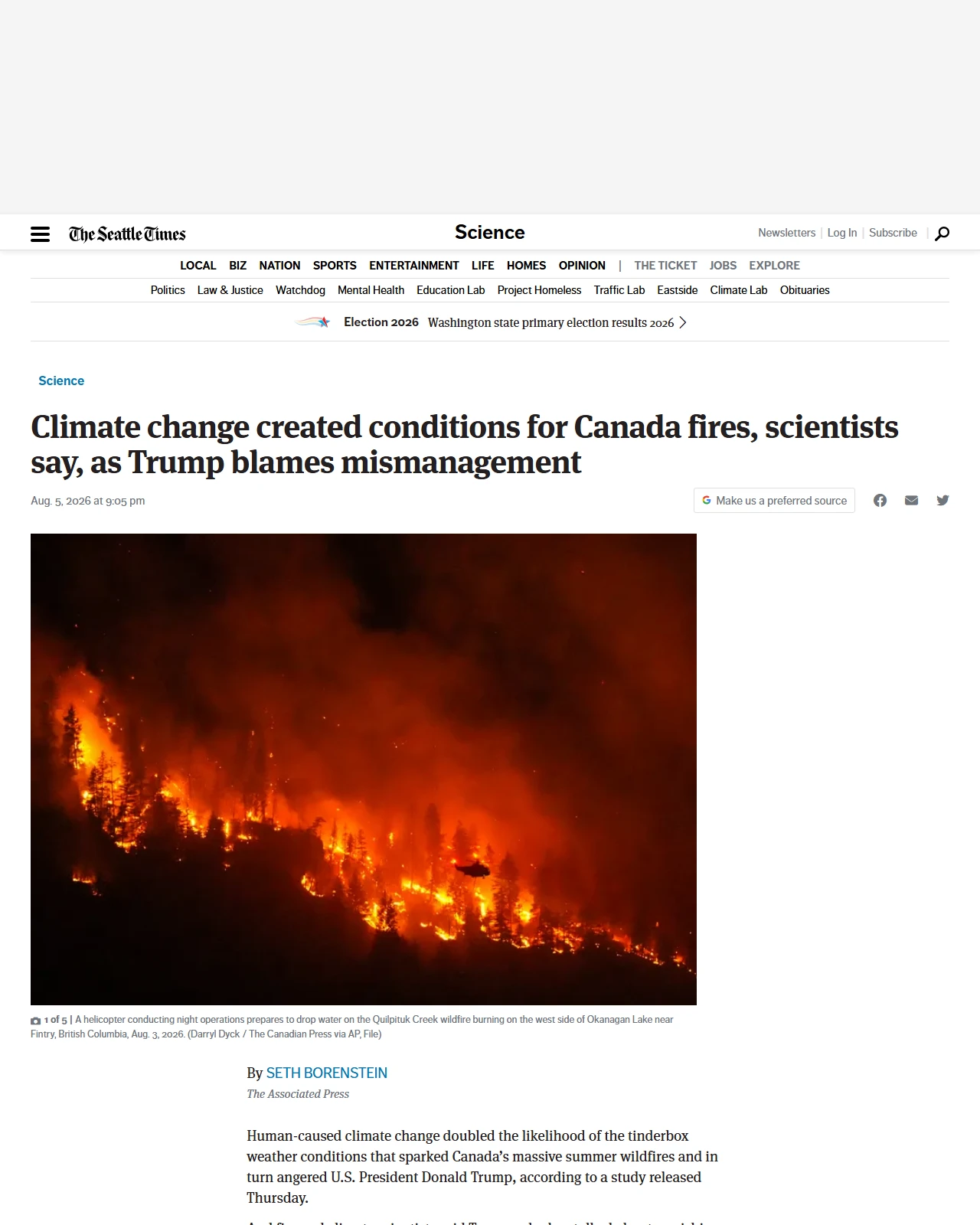 seattletimes.com as published: Climate change created conditions for Canada fires, scientists say, as Trump blames mismanagement