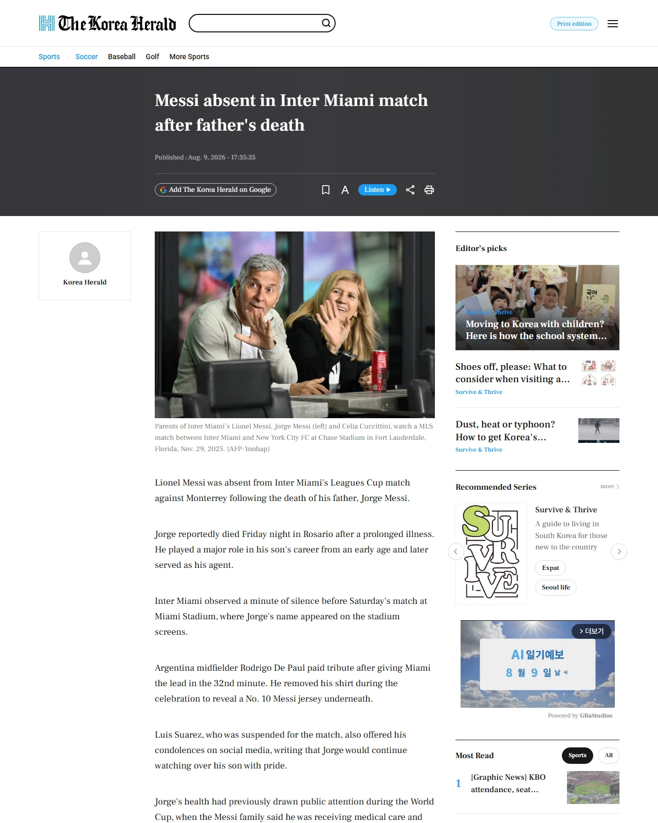 koreaherald.com as published: Messi absent in Inter Miami match after father's death