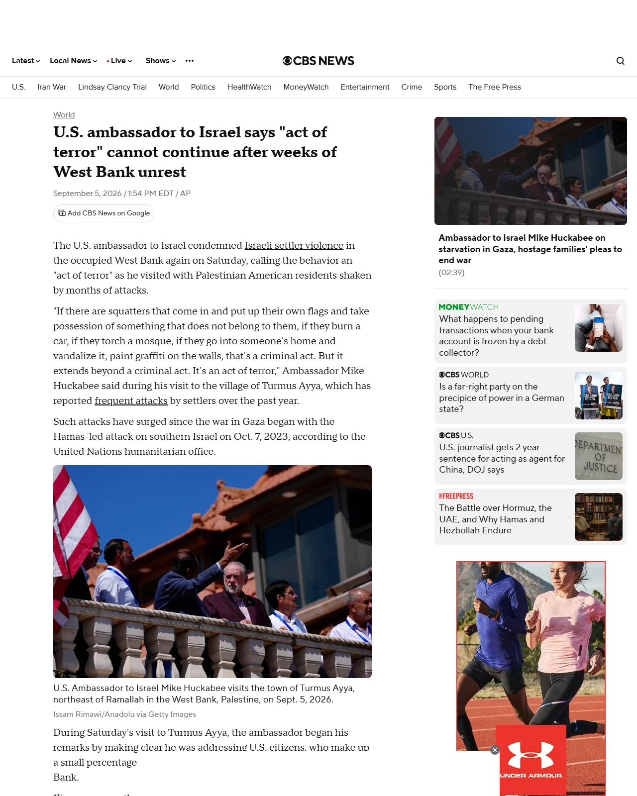 cbsnews.com as published: U.S. ambassador calls ongoing West Bank settler violence an "act of terror"