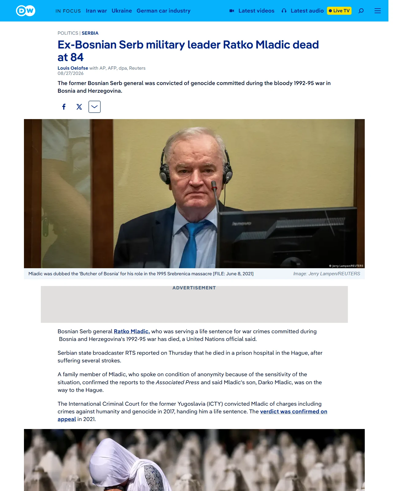 dw.com as published: Ex-Bosnian Serb military leader Ratko Mladic dead at 84