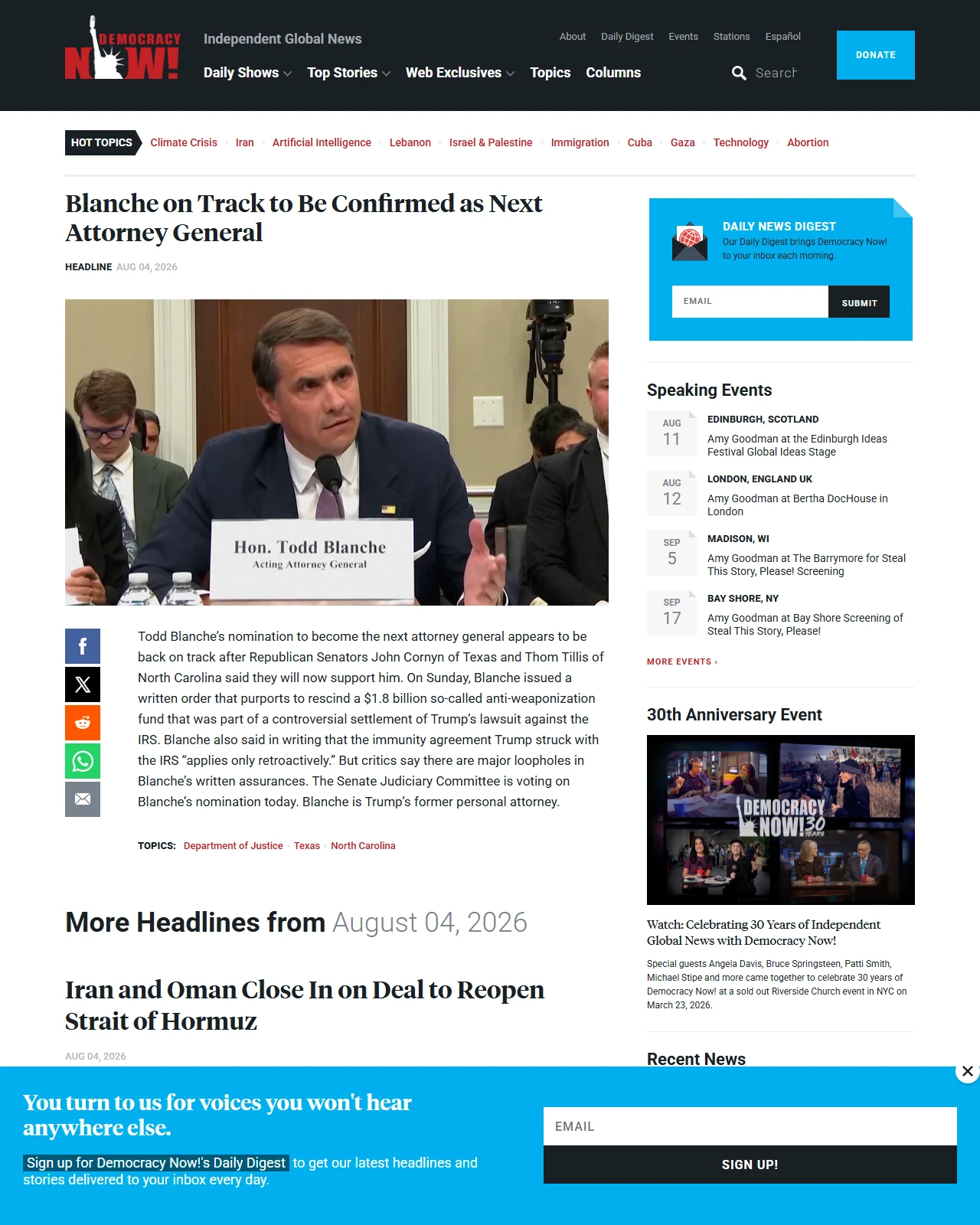 democracynow.org as published: Blanche on Track to Be Confirmed as Next Attorney General