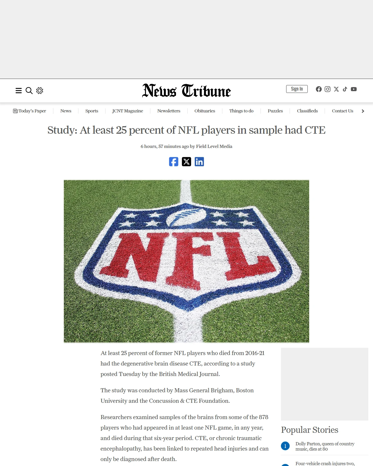 newstribune.com as published: Study: At least 25 percent of NFL players in sample had CTE