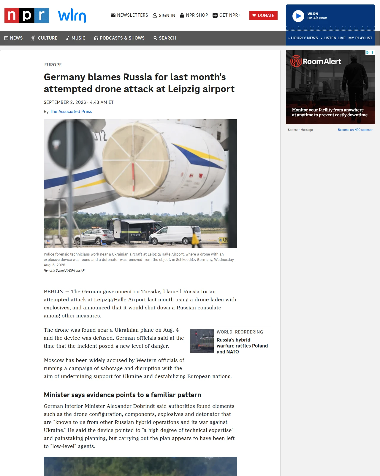 npr.org as published: Germany blames Russia for last month's attempted drone attack at Leipzig airport