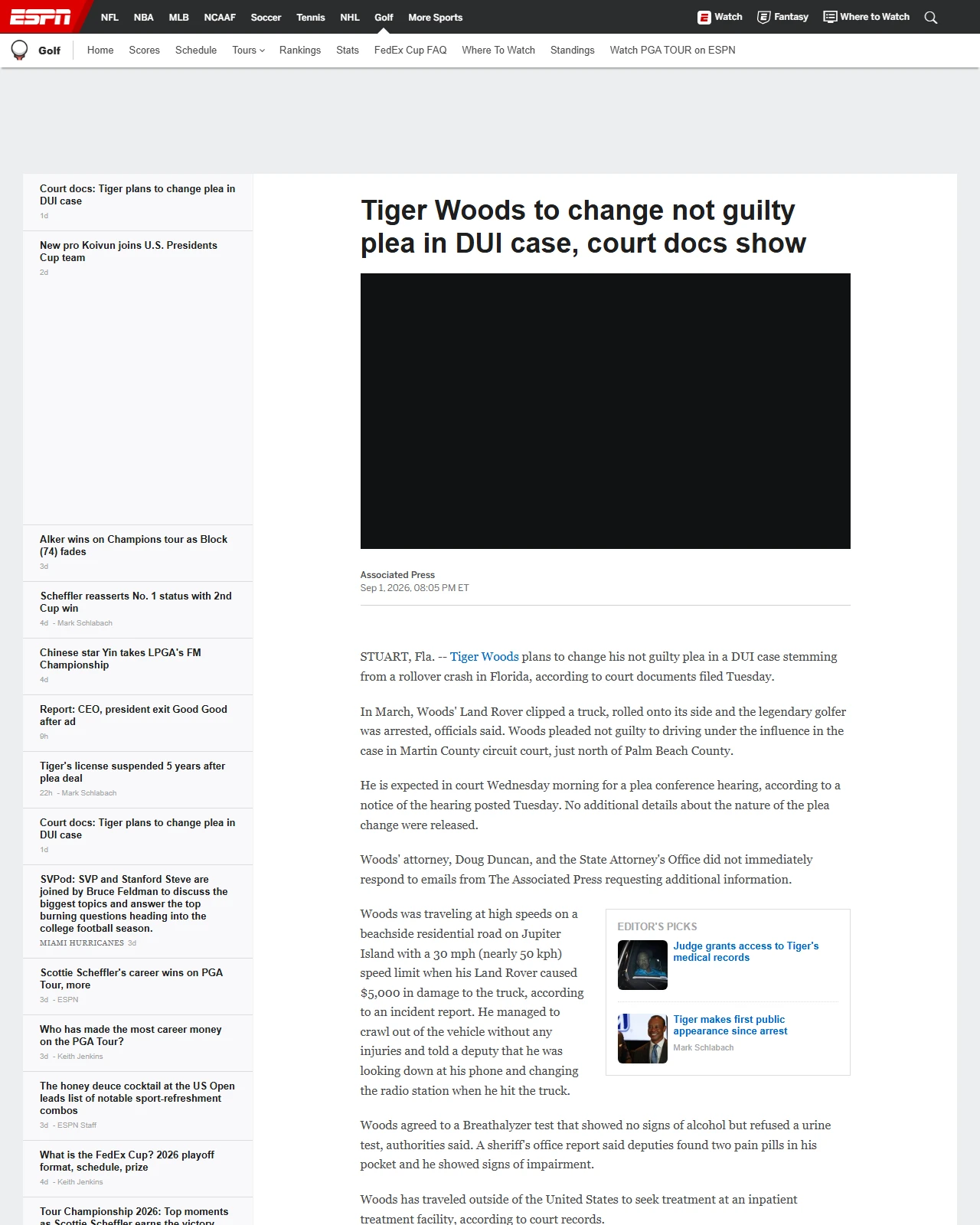 espn.com as published: Tiger Woods to change not guilty plea in DUI case, court docs show