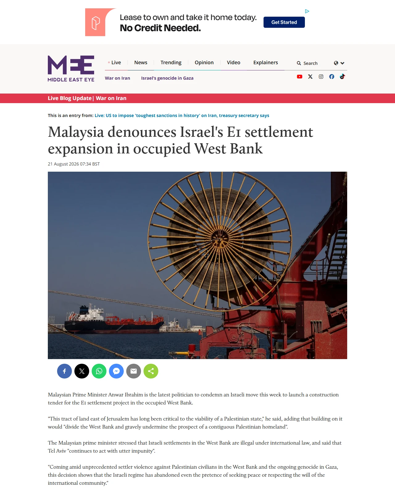 middleeasteye.net as published: Malaysia denounces Israel's E1 settlement expansion in occupied West Bank