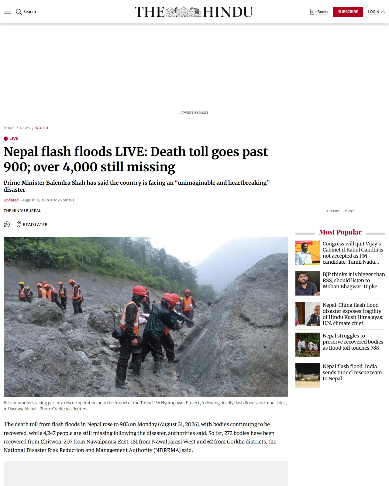 thehindu.com as published: Nepal flash floods LIVE: Death toll goes past 900; over 4,000 still missing